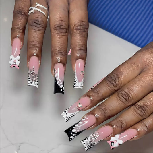 Sweet-Cool Luxurious French-Style Leopard Print Press-On Nails with Rhinestone Cross and Bow Design