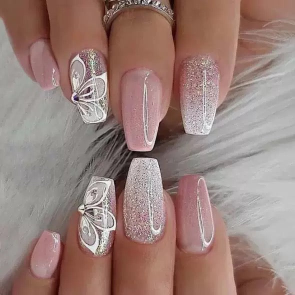 Pink Gradient Glitter Pure-Style Bow Rhinestone Press-On Nails