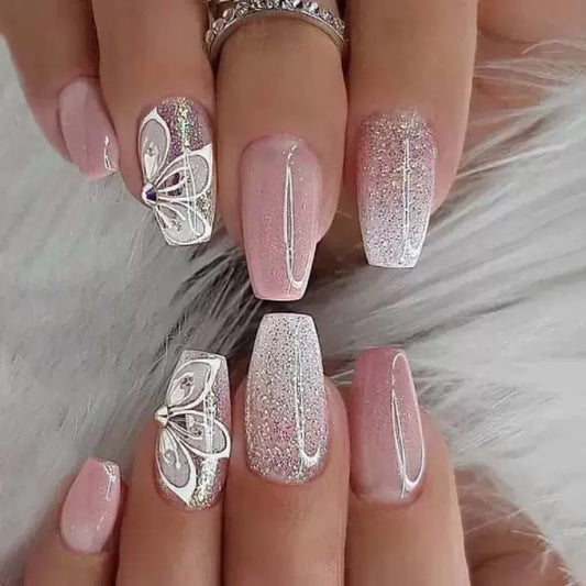 Pink Gradient Glitter Pure-Style Bow Rhinestone Press-On Nails