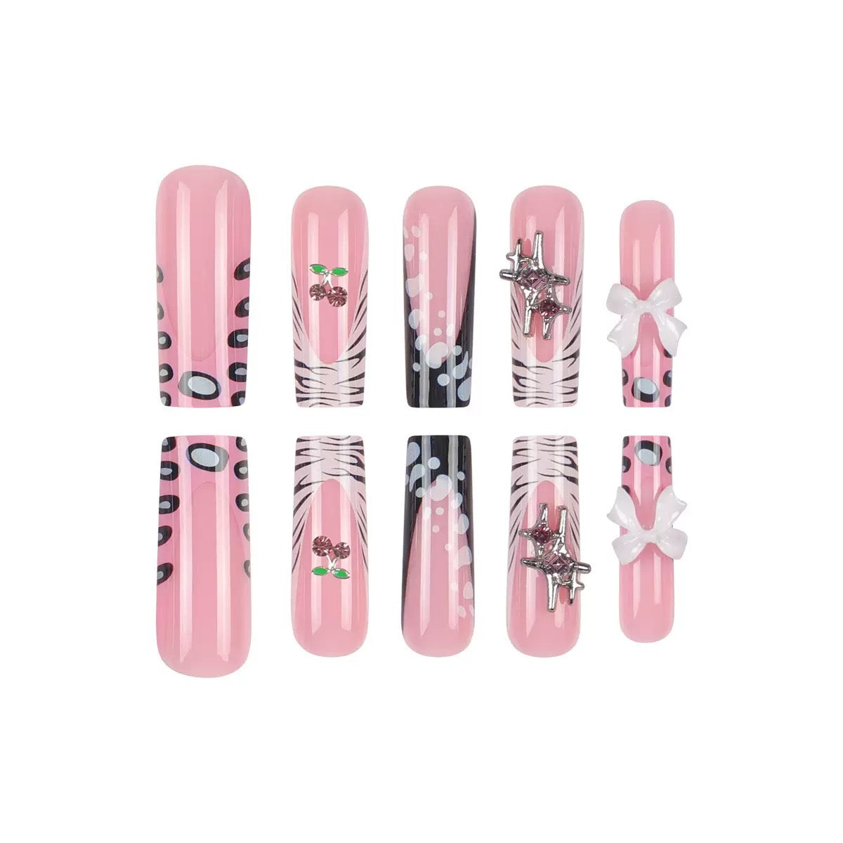 Sweet-Cool Luxurious French-Style Leopard Print Press-On Nails with Rhinestone Cross and Bow Design