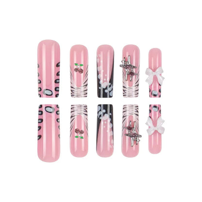 Sweet-Cool Luxurious French-Style Leopard Print Press-On Nails with Rhinestone Cross and Bow Design