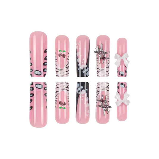 Sweet-Cool Luxurious French-Style Leopard Print Press-On Nails with Rhinestone Cross and Bow Design