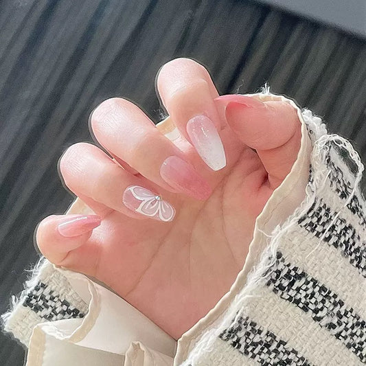 Pink Gradient Glitter Pure-Style Bow Rhinestone Press-On Nails