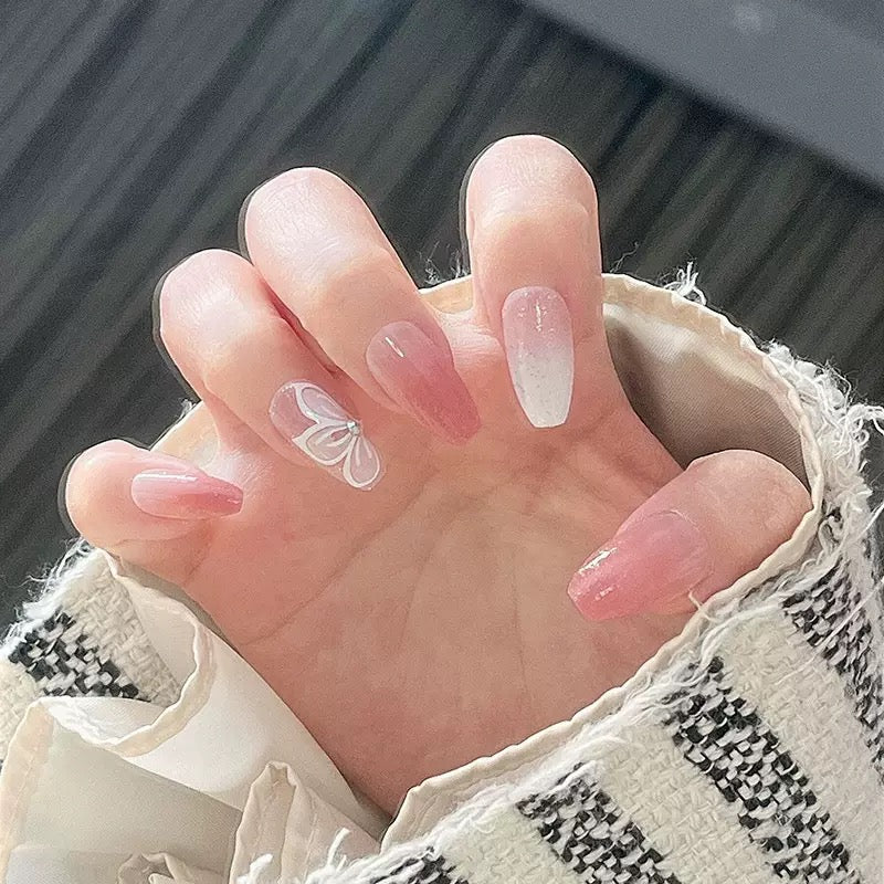 Pink Gradient Glitter Pure-Style Bow Rhinestone Press-On Nails