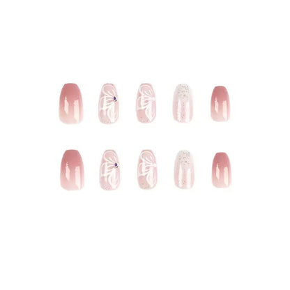 Pink Gradient Glitter Pure-Style Bow Rhinestone Press-On Nails