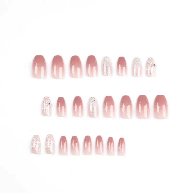 Pink Gradient Glitter Pure-Style Bow Rhinestone Press-On Nails