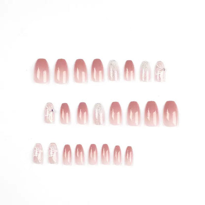 Pink Gradient Glitter Pure-Style Bow Rhinestone Press-On Nails