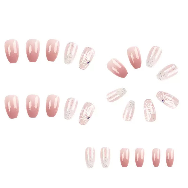 Pink Gradient Glitter Pure-Style Bow Rhinestone Press-On Nails
