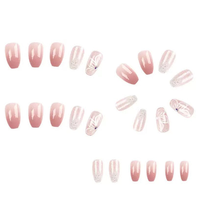 Pink Gradient Glitter Pure-Style Bow Rhinestone Press-On Nails