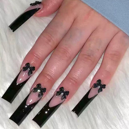 Extra-Long Black French-Style Bow Press-On Nails