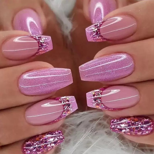 Pink & Purple Glitter French Sequin Press-On Nails