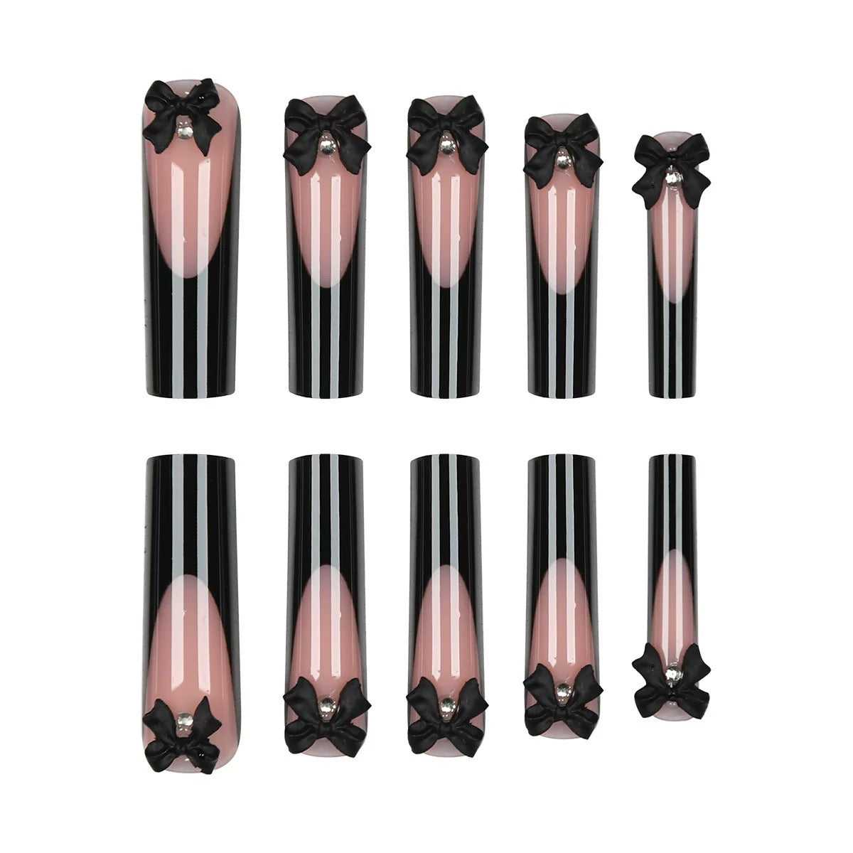 Extra-Long Black French-Style Bow Press-On Nails