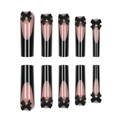 Extra-Long Black French-Style Bow Press-On Nails