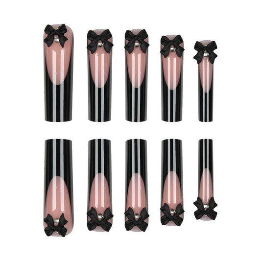 Extra-Long Black French-Style Bow Press-On Nails