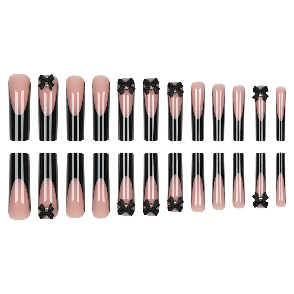 Extra-Long Black French-Style Bow Press-On Nails