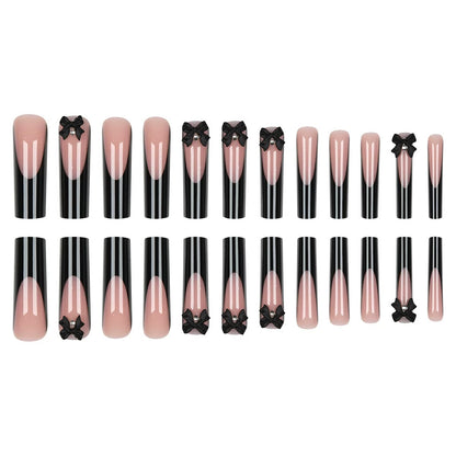 Extra-Long Black French-Style Bow Press-On Nails