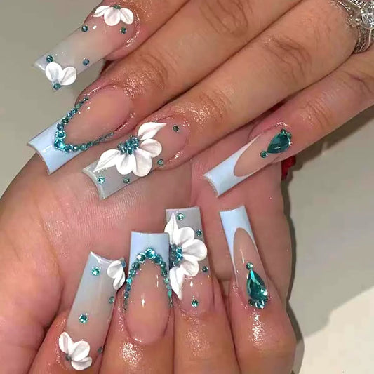 Translucent Flower Glitter Long Press-On Nails for a Brightening Effect