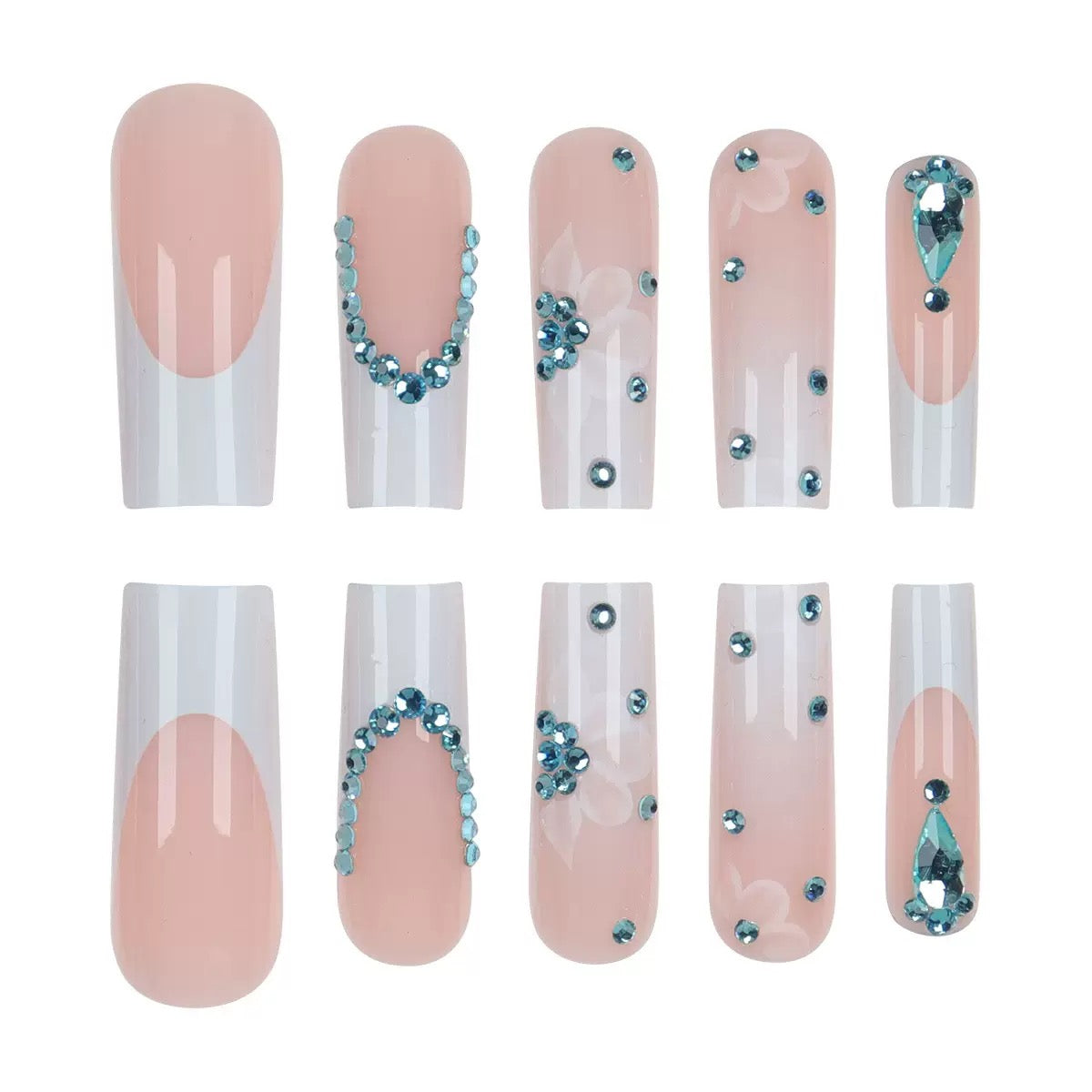 Translucent Flower Glitter Long Press-On Nails for a Brightening Effect