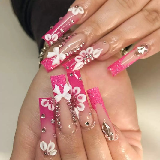 Long Press-On Nails with Pink Rhinestone Bow