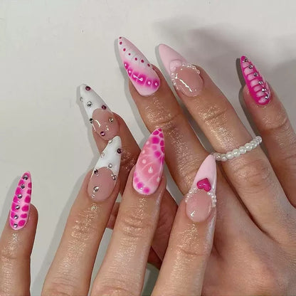 Medium-Length Glossy Teardrop Press-On Nails with Heart Rhinestones & Irregular Gradient Design