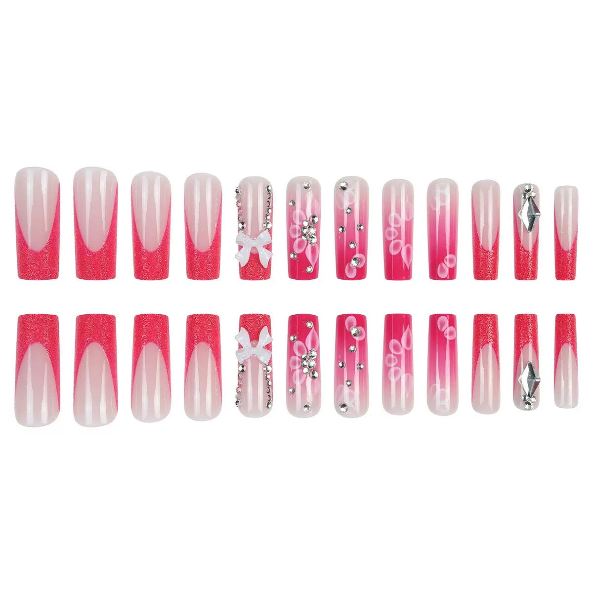 Long Press-On Nails with Pink Rhinestone Bow