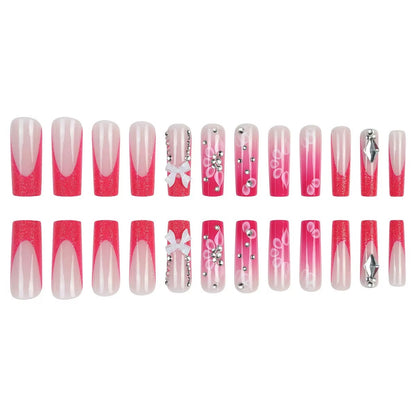 Long Press-On Nails with Pink Rhinestone Bow