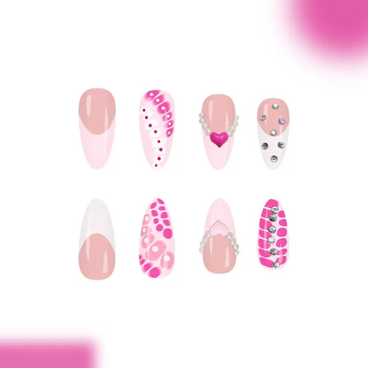 Medium-Length Glossy Teardrop Press-On Nails with Heart Rhinestones & Irregular Gradient Design