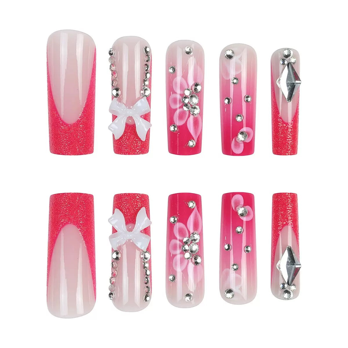 Long Press-On Nails with Pink Rhinestone Bow