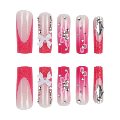 Long Press-On Nails with Pink Rhinestone Bow