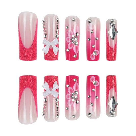 Long Press-On Nails with Pink Rhinestone Bow