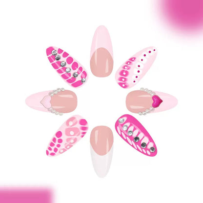 Medium-Length Glossy Teardrop Press-On Nails with Heart Rhinestones & Irregular Gradient Design