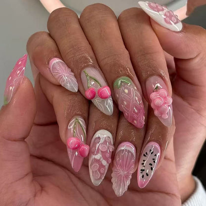 Valentine’s Day Sweet Pink Fresh Fruit Cherry & Strawberry 3D Press-On Nails