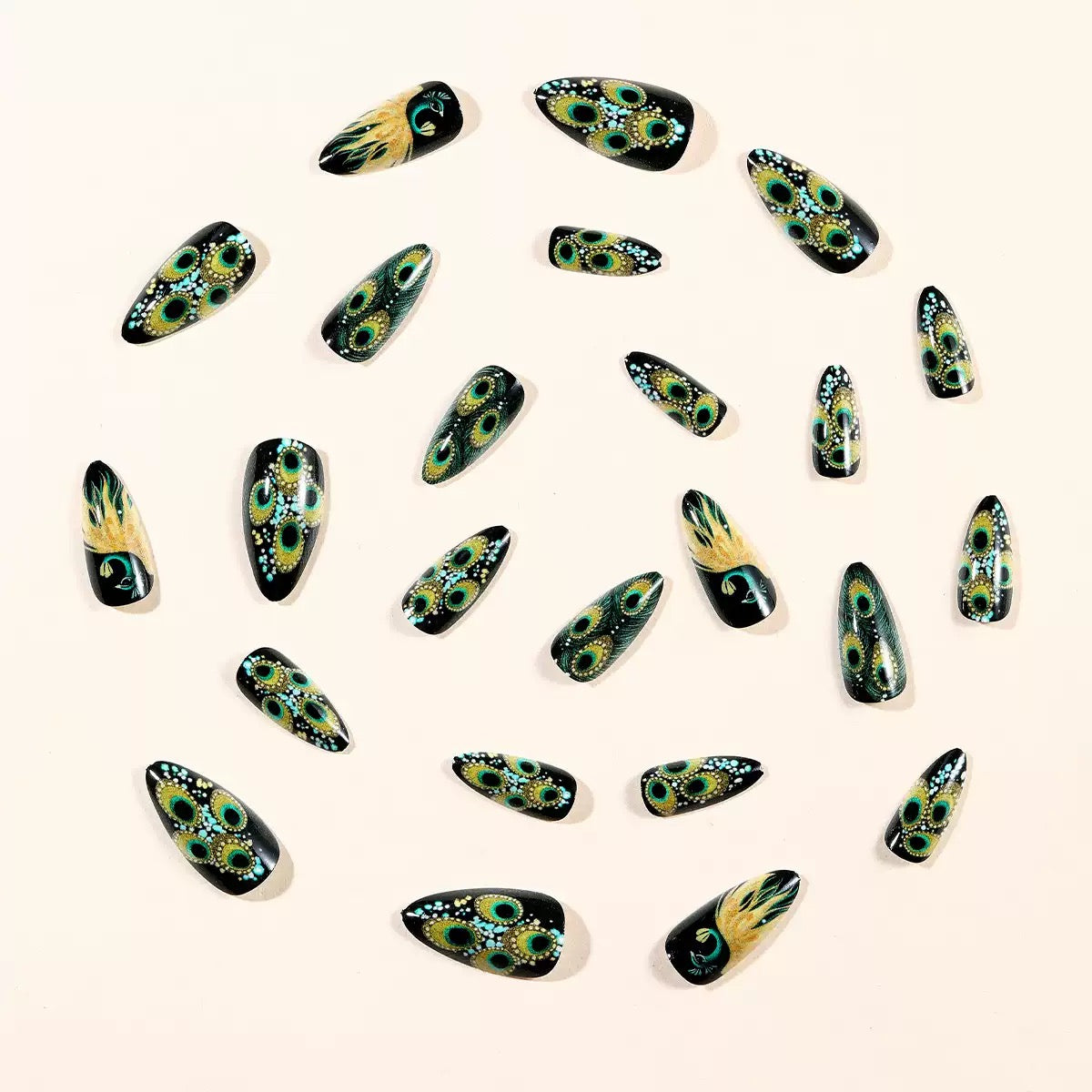 Black Almond-Shaped Peacock Pattern Printed Peacock Feather Removable Press-On Nails