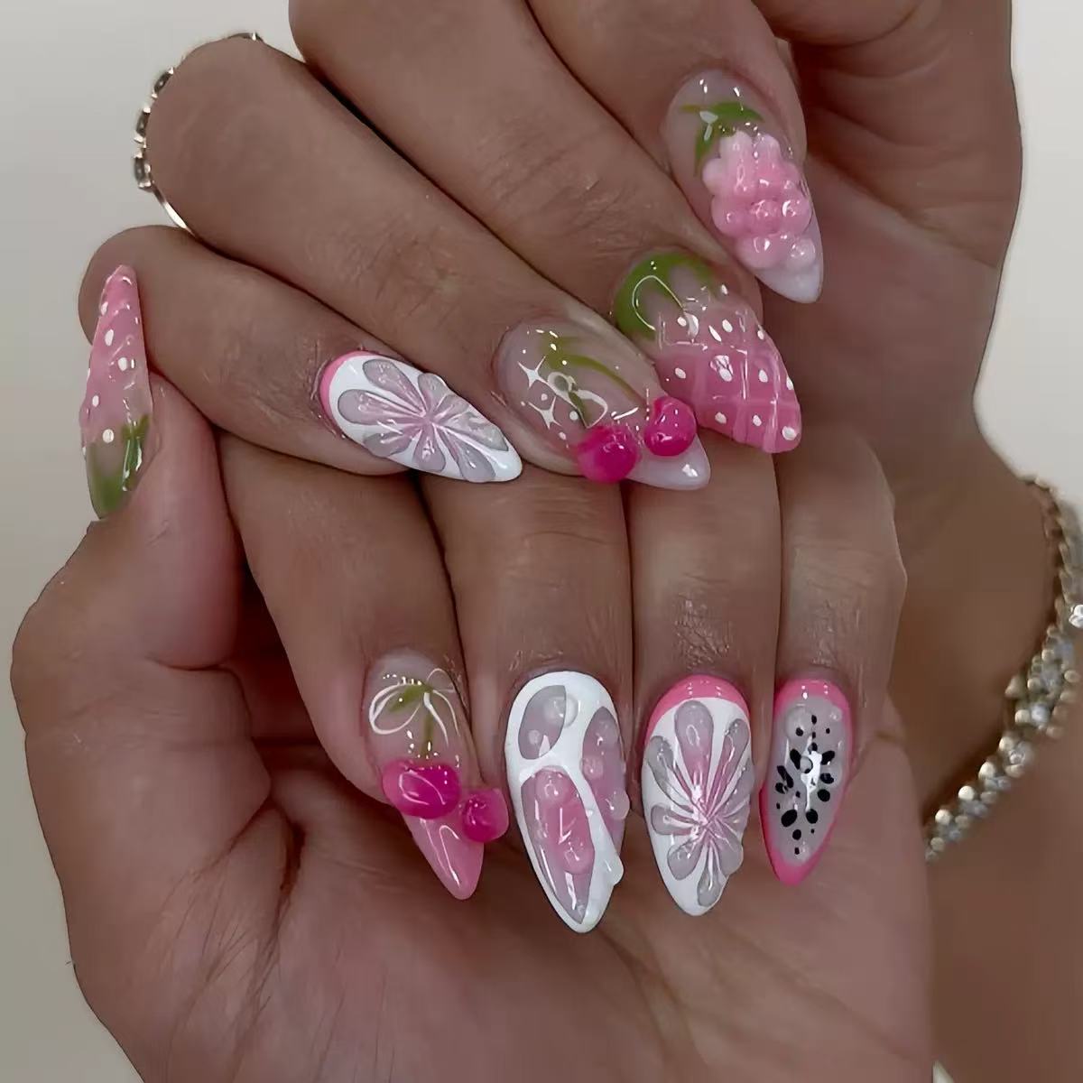 Valentine’s Day Sweet Pink Fresh Fruit Cherry & Strawberry 3D Press-On Nails