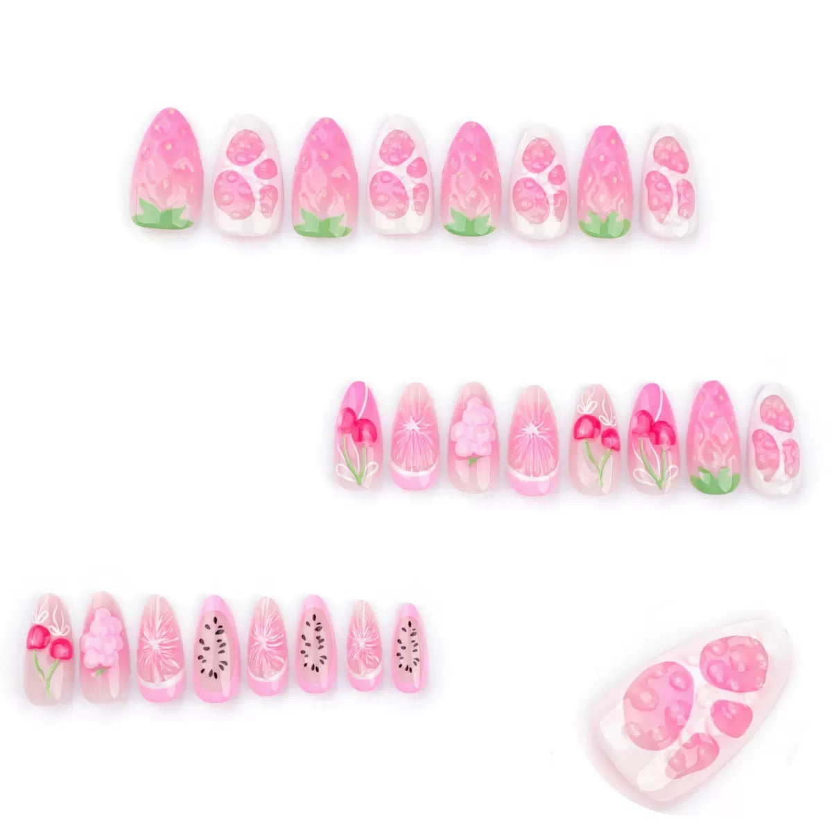 Valentine’s Day Sweet Pink Fresh Fruit Cherry & Strawberry 3D Press-On Nails