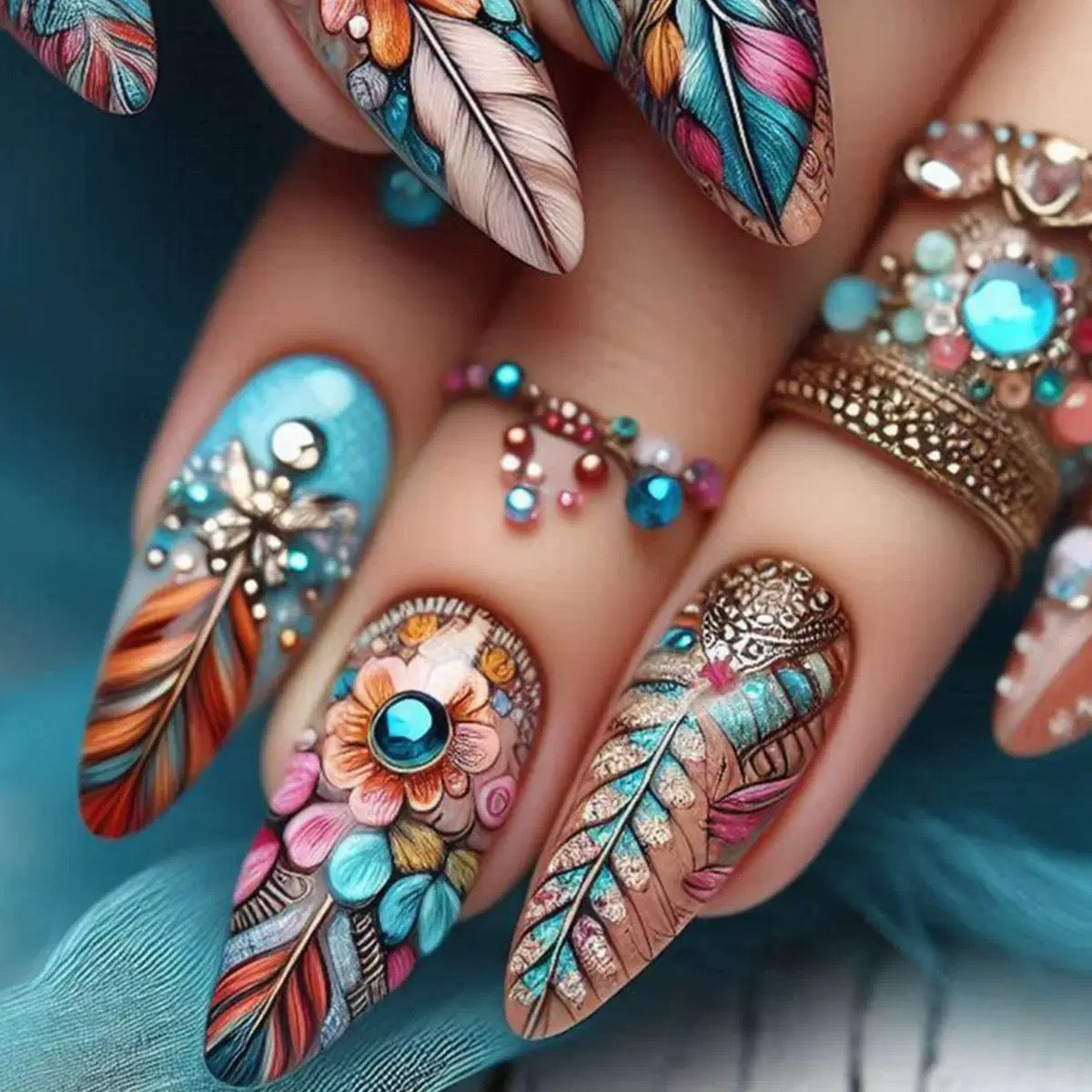 Colorful Feather Medium-Length Removable Press-On Nails