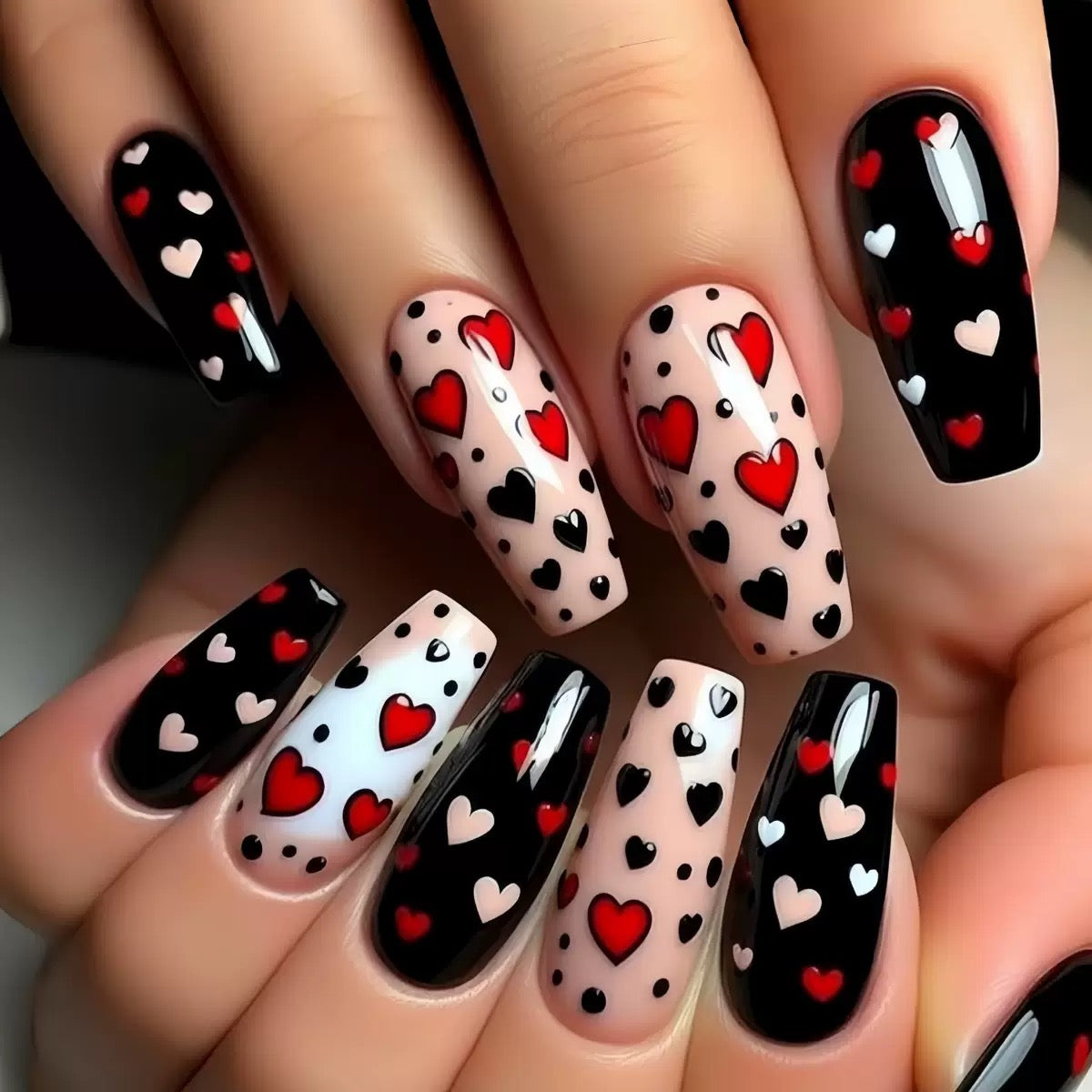 Long Ballet Valentine’s Day Detachable Press-On Nails with Black, White & Red Hearts