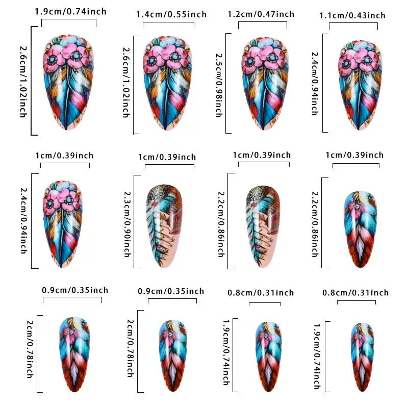 Colorful Feather Medium-Length Removable Press-On Nails