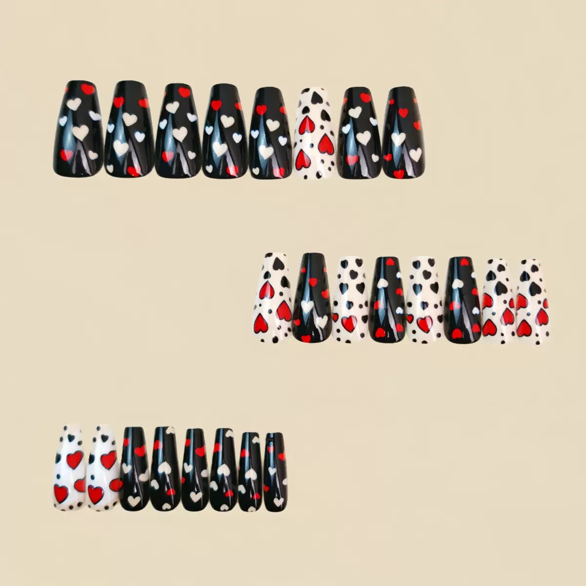 Long Ballet Valentine’s Day Detachable Press-On Nails with Black, White & Red Hearts
