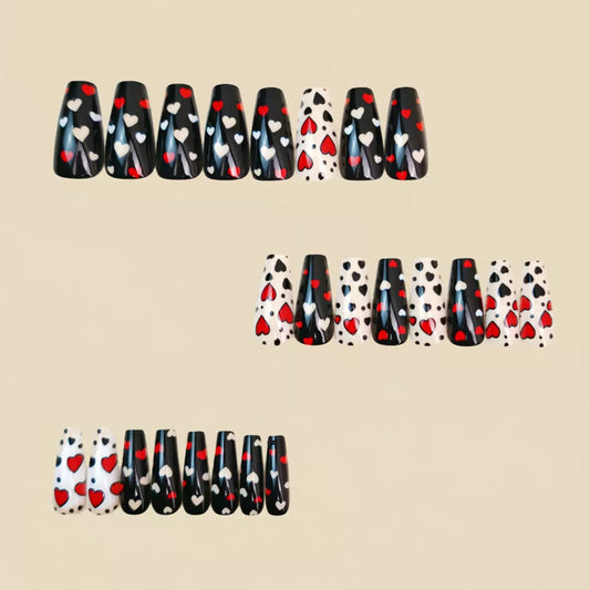 Long Ballet Valentine’s Day Detachable Press-On Nails with Black, White & Red Hearts