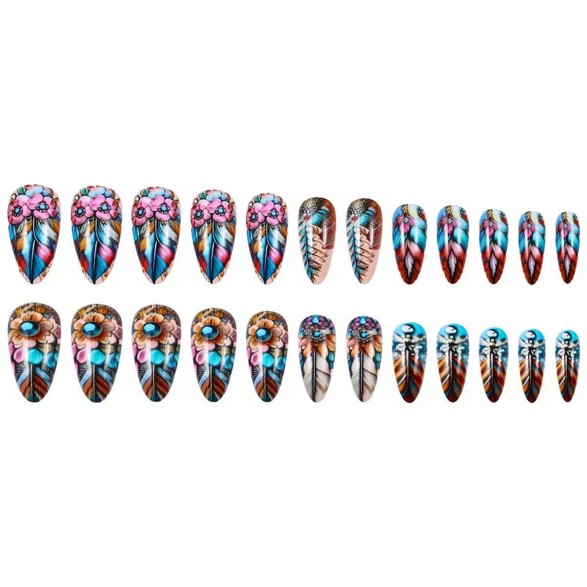 Colorful Feather Medium-Length Removable Press-On Nails