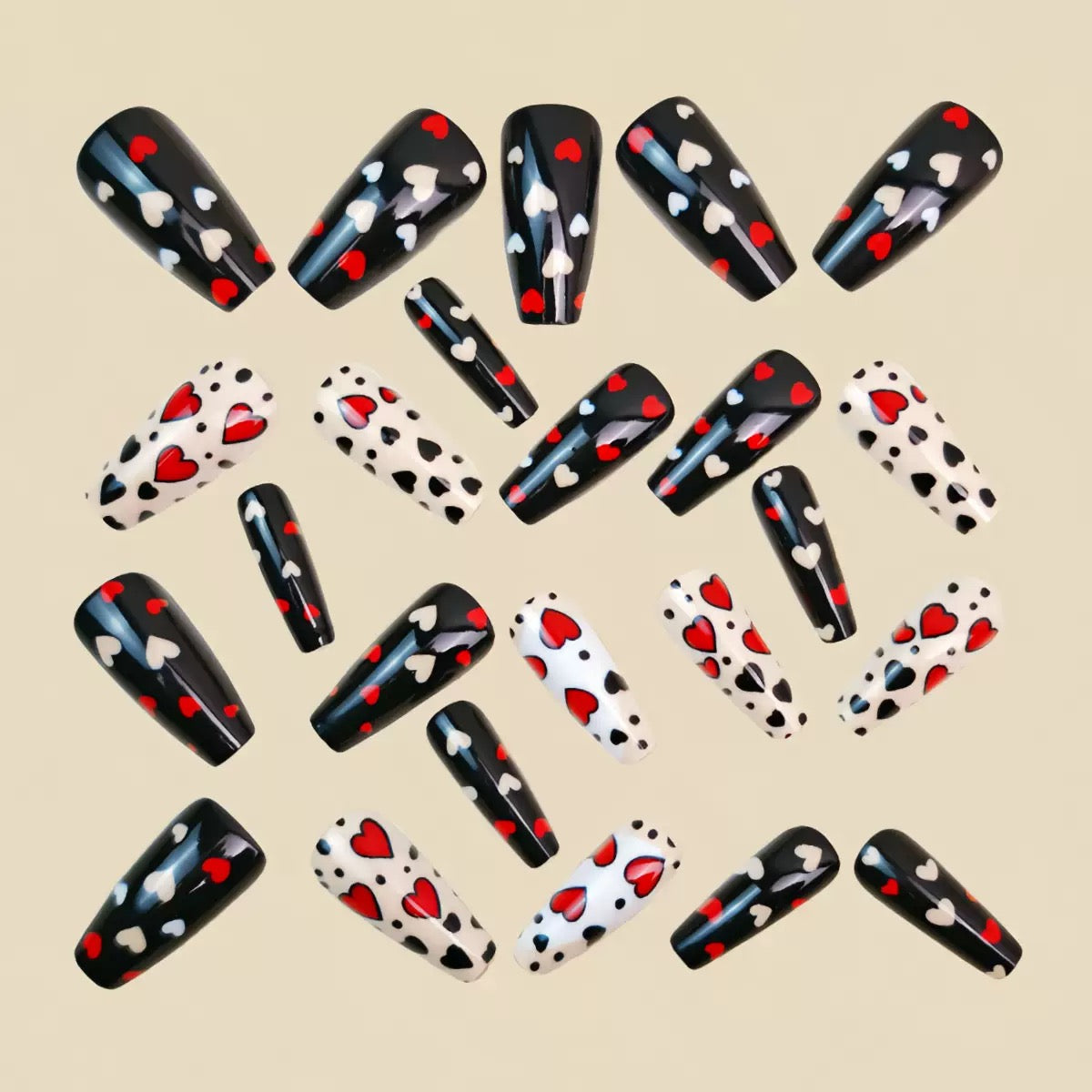 Long Ballet Valentine’s Day Detachable Press-On Nails with Black, White & Red Hearts