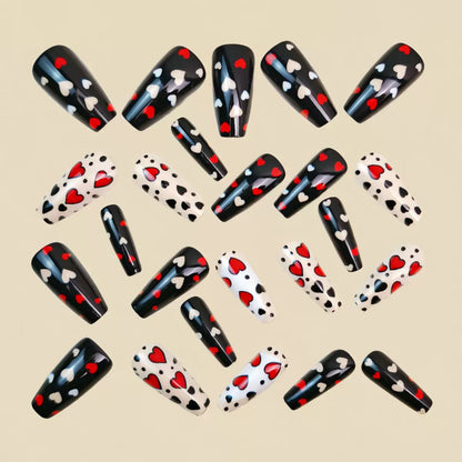 Long Ballet Valentine’s Day Detachable Press-On Nails with Black, White & Red Hearts