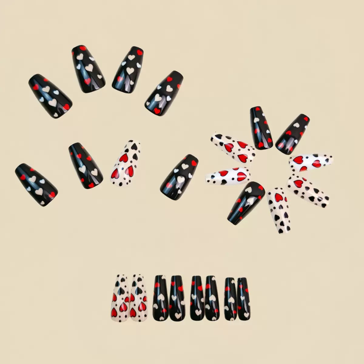 Long Ballet Valentine’s Day Detachable Press-On Nails with Black, White & Red Hearts