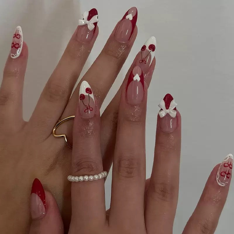 High-Quality Valentine’s Day Detachable Press-On Nails with Cherry Heart Bow