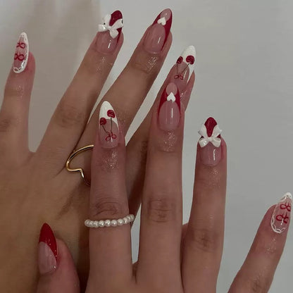 High-Quality Valentine’s Day Detachable Press-On Nails with Cherry Heart Bow