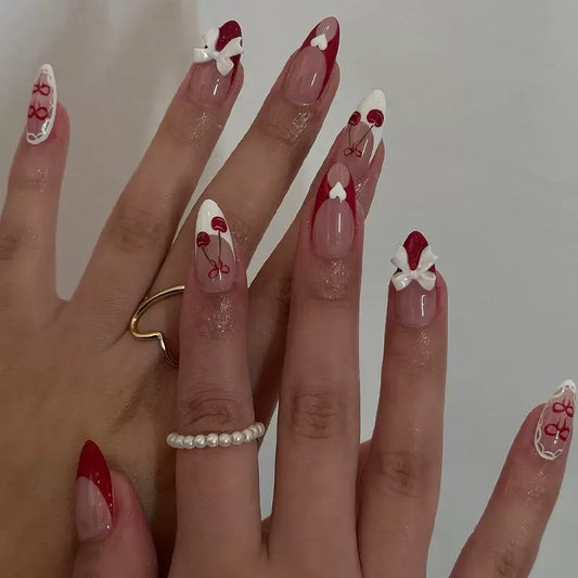 High-Quality Valentine’s Day Detachable Press-On Nails with Cherry Heart Bow