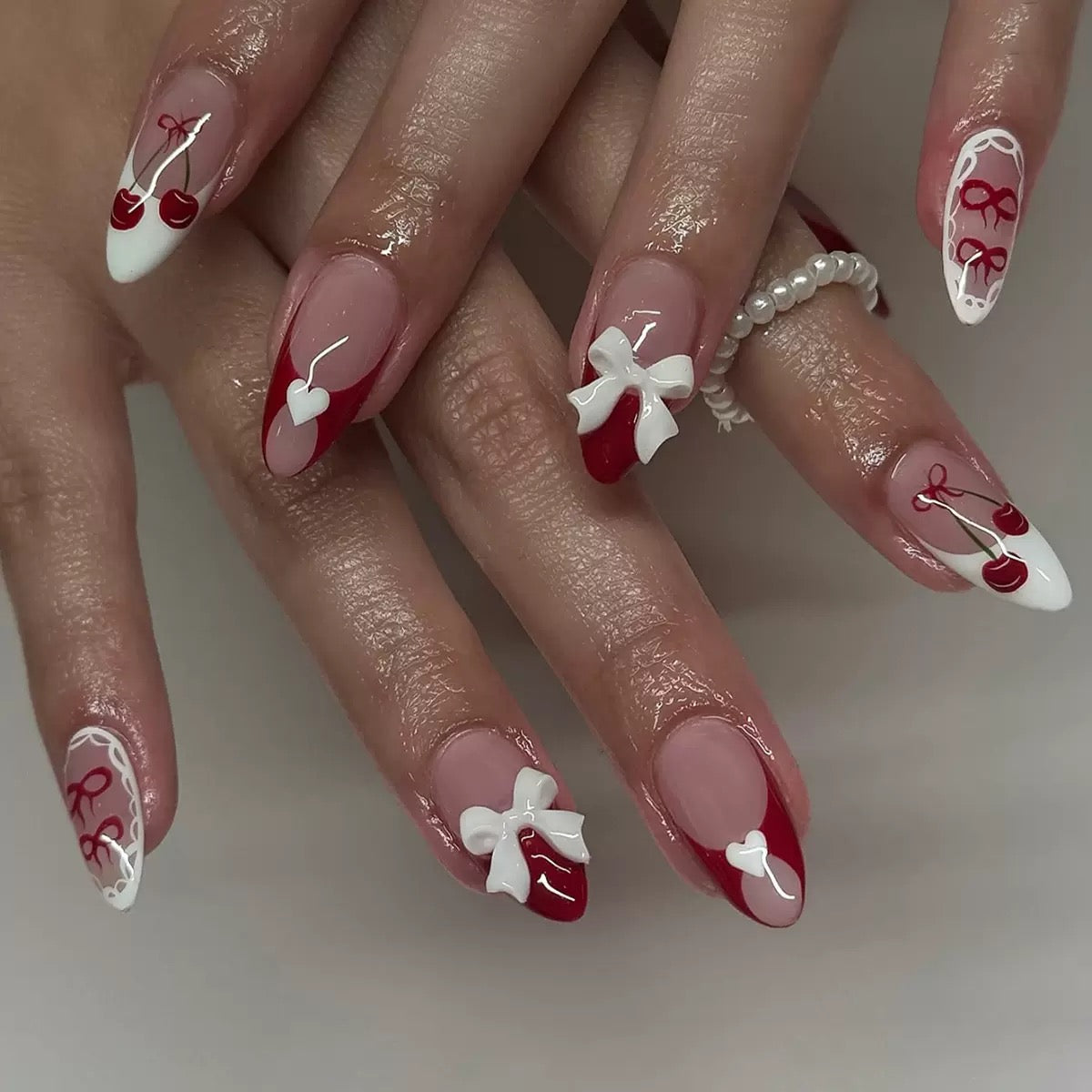 High-Quality Valentine’s Day Detachable Press-On Nails with Cherry Heart Bow