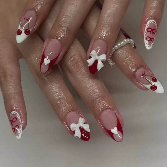 High-Quality Valentine’s Day Detachable Press-On Nails with Cherry Heart Bow
