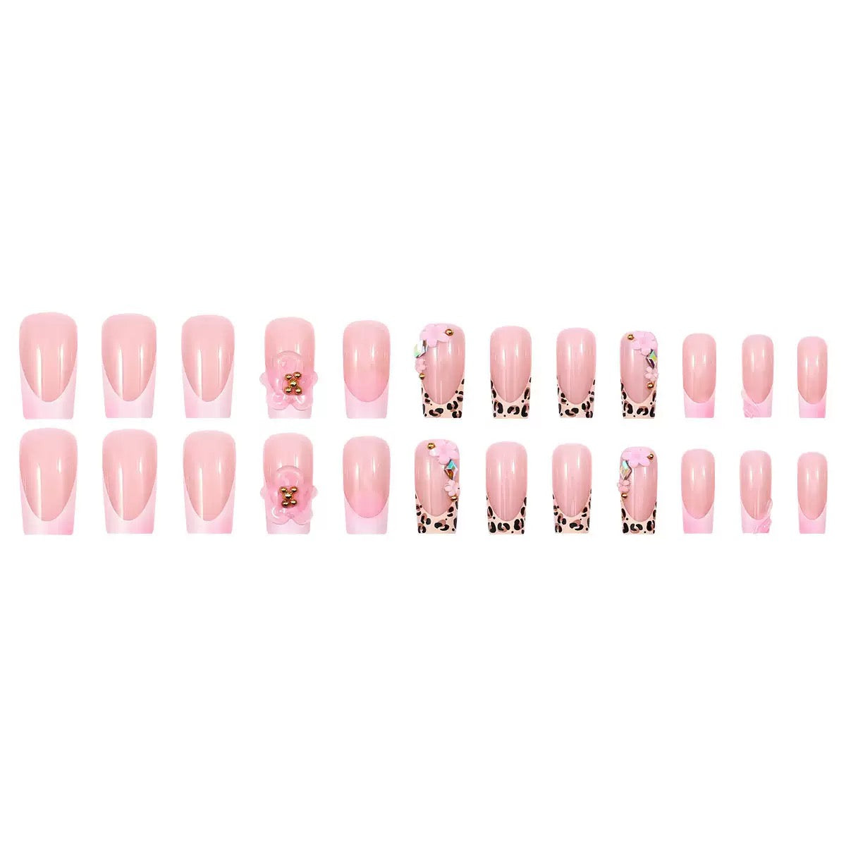 French-Style Leopard 3D Flower Removable Press-On Nails
